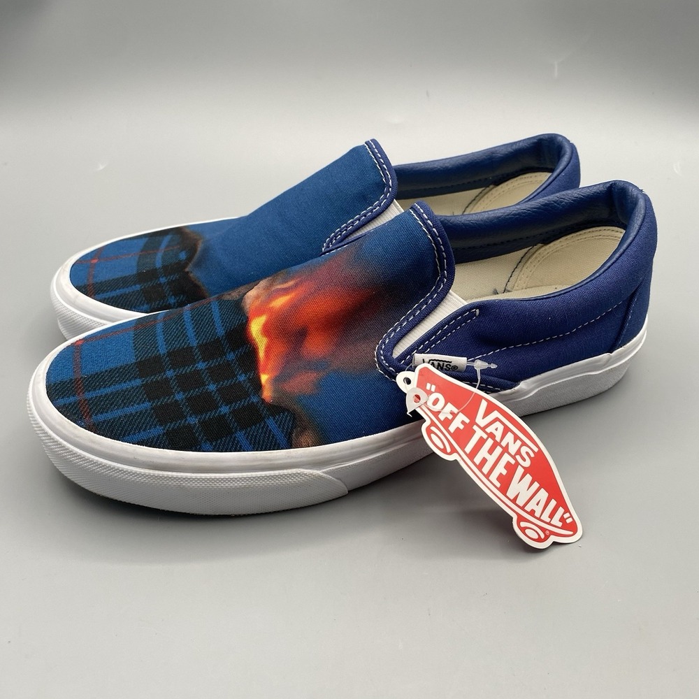 Vans Classic Slip On Big Reveal Mens 8 Womens 9.5 Navy‎ Blue Plaid Fire Skate